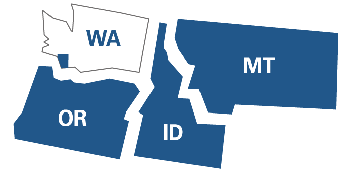 Map highlighting Idaho, Montana, Oregon, and Clark and Cowlitz Counties in Washington
